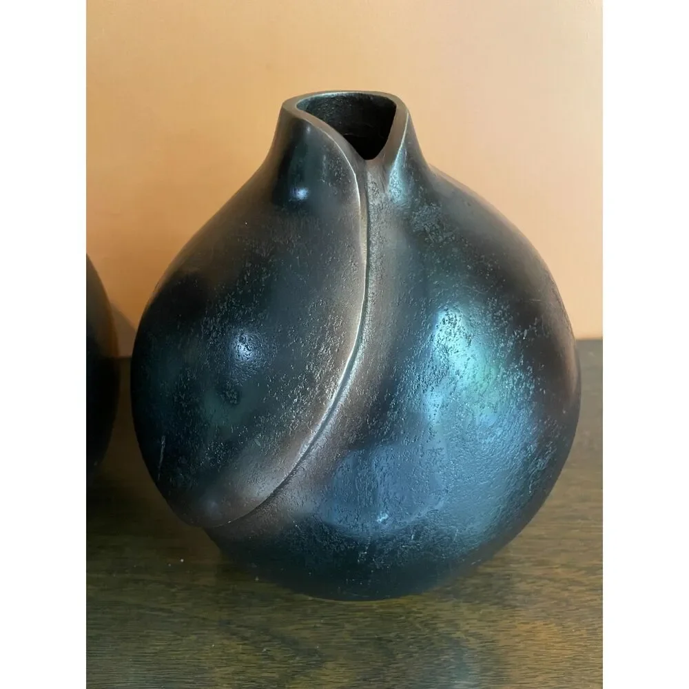 Handcrafted Metal Vase 2 | Black Sculptural Round Vases | Modern Home Decor